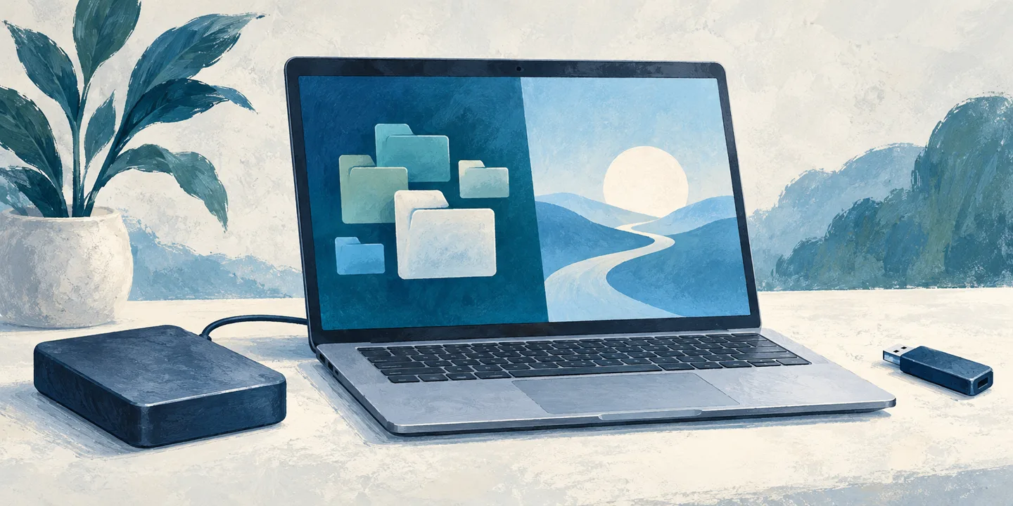 AI-generated illustration of a generic computer, external storage and recovery media.