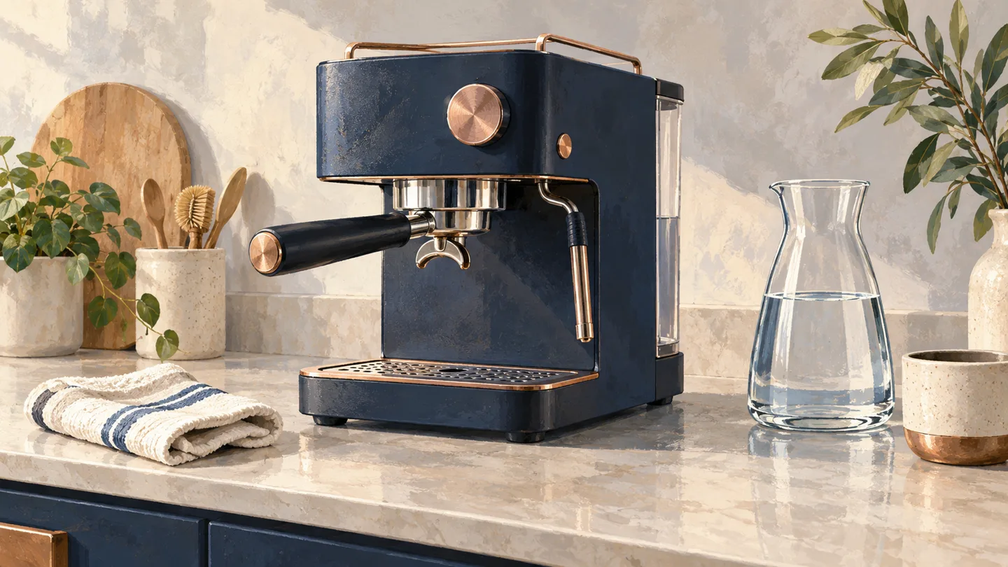 AI-generated illustration of a generic espresso machine beside a folded cloth and water carafe.