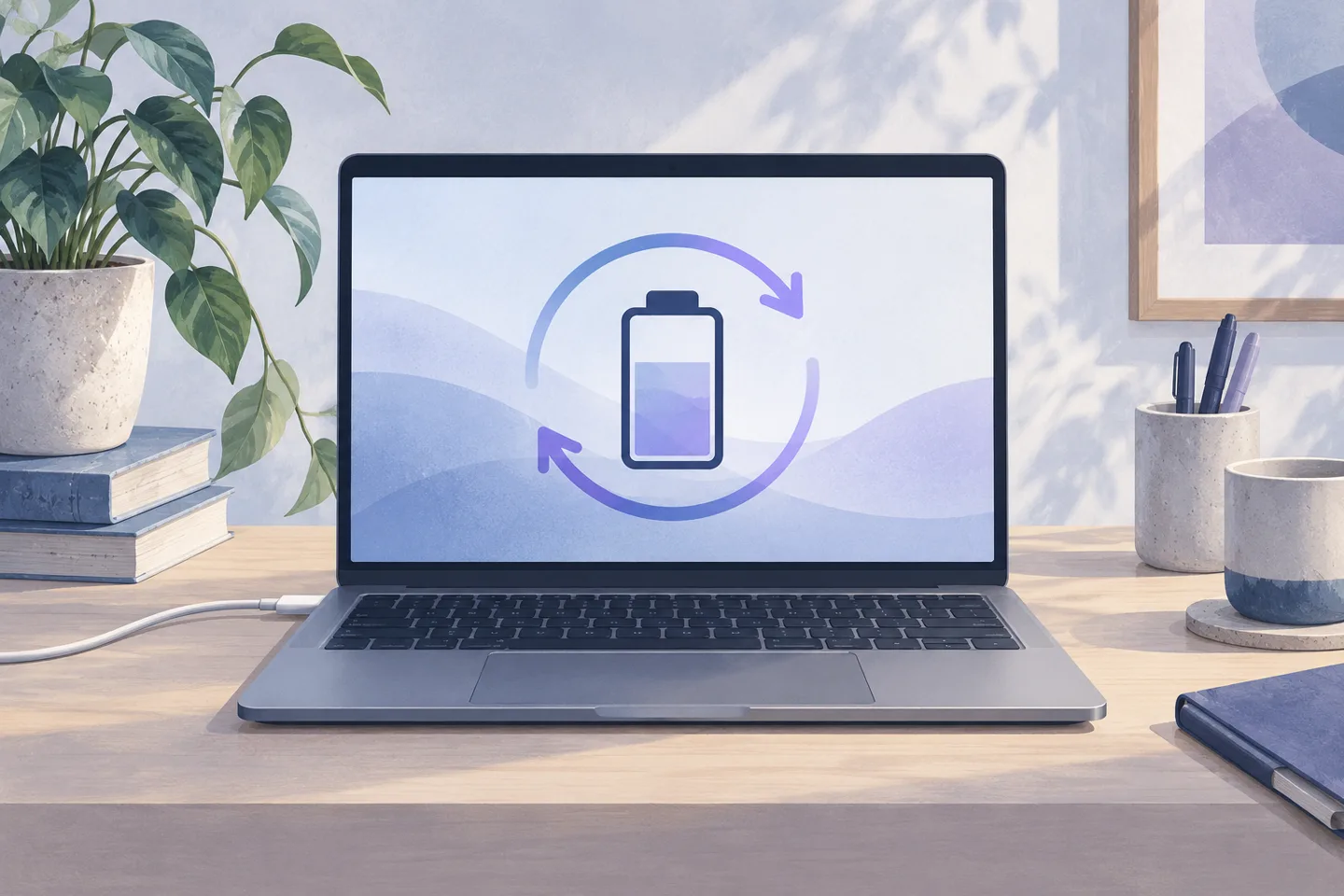 AI-generated illustration of a generic laptop and battery-cycle symbols.