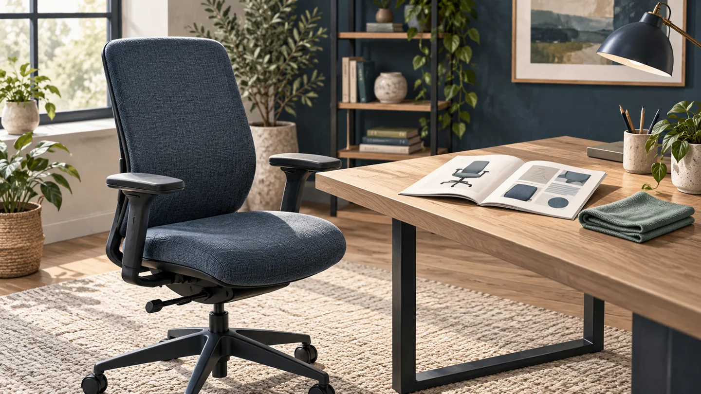 AI-generated illustration of a generic office chair beside a care booklet and soft cloth.