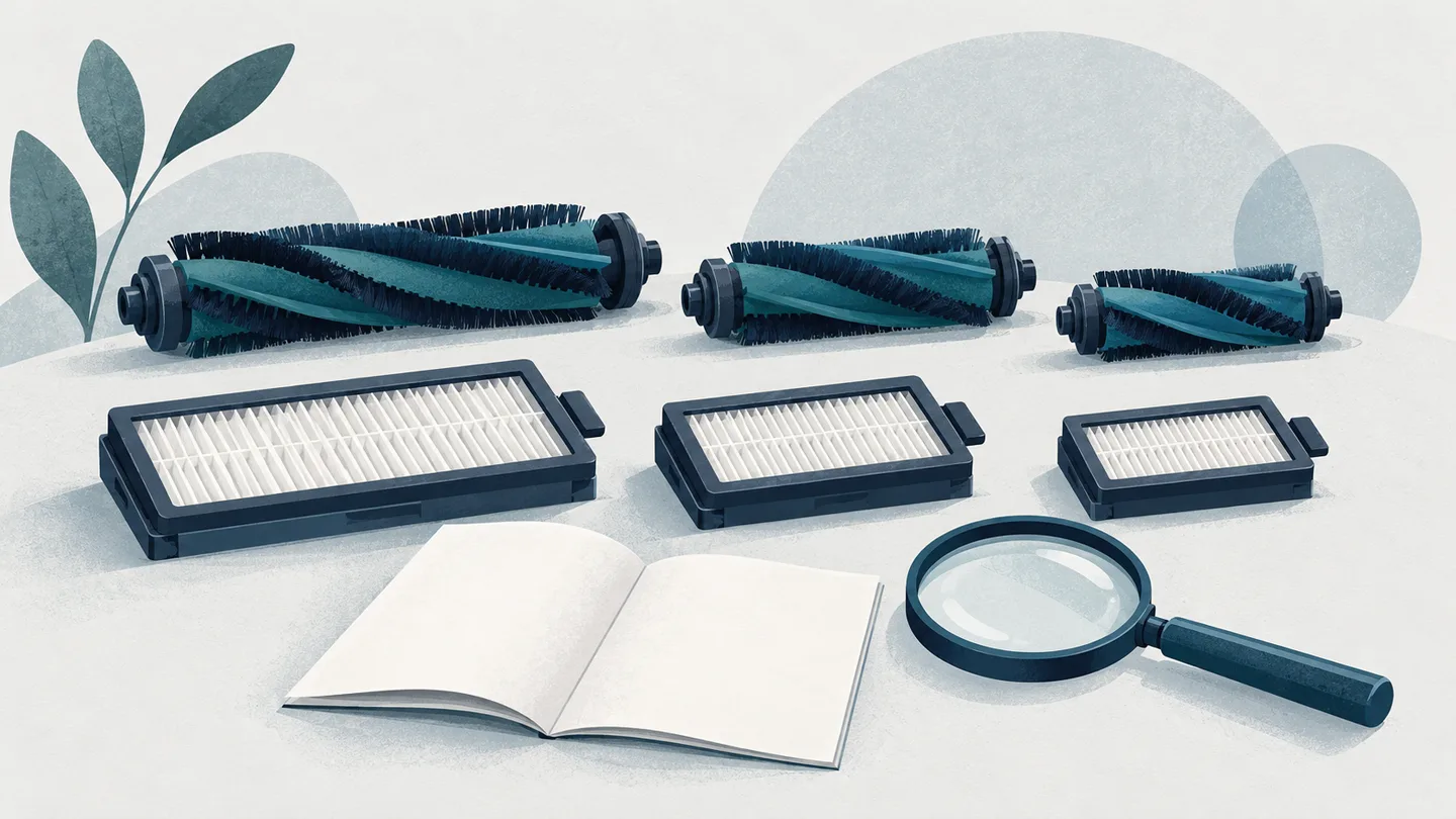 AI-generated illustration of generic robot-vacuum replacement brushes and filters arranged for comparison.