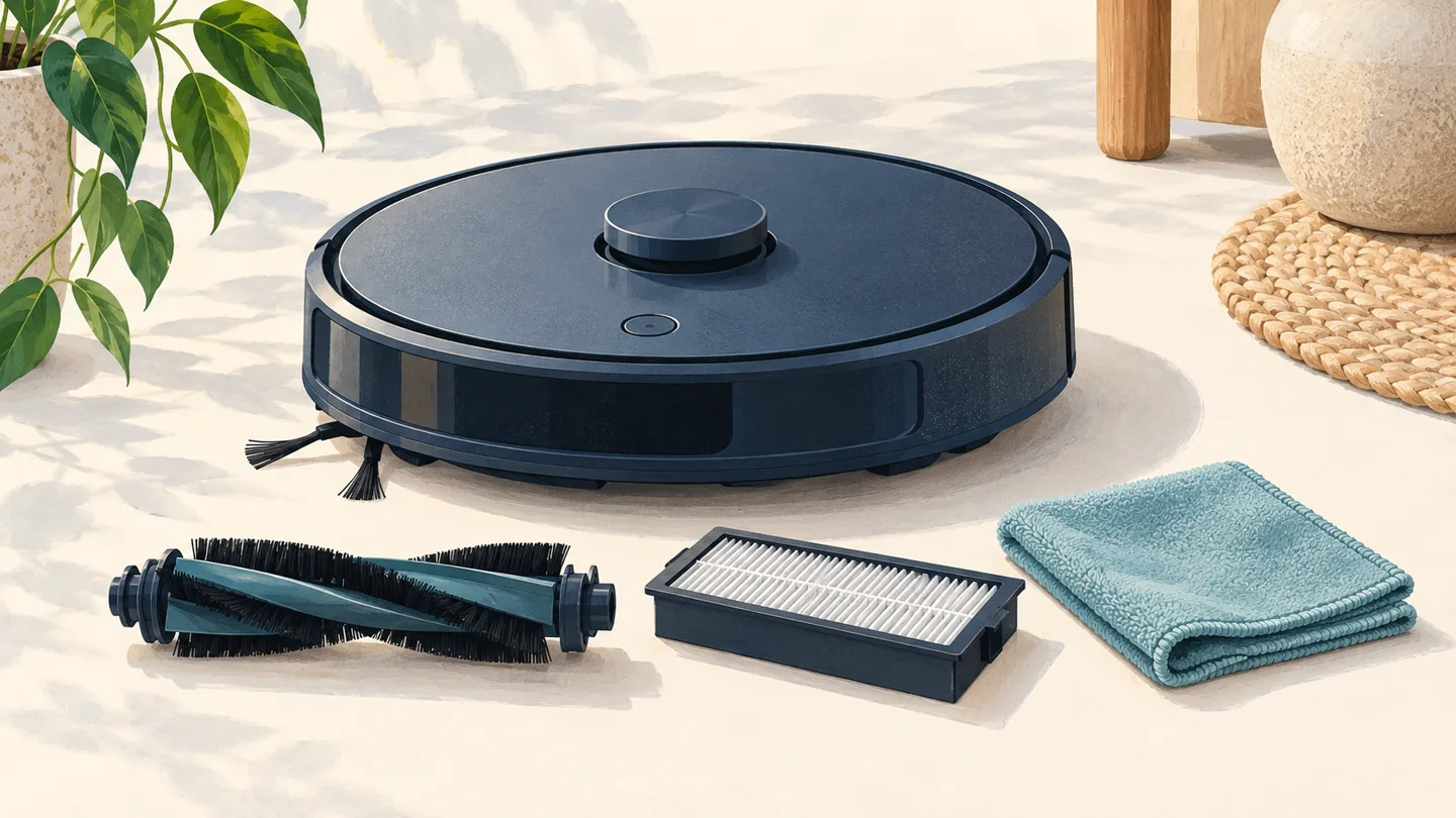 AI-generated illustration of a generic robot vacuum with cleaning brushes and maintenance tools.